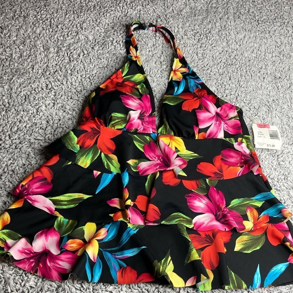 NWT Caribbean Joe Floral Halter Swim Dress - Black and Multicolor Resort Top